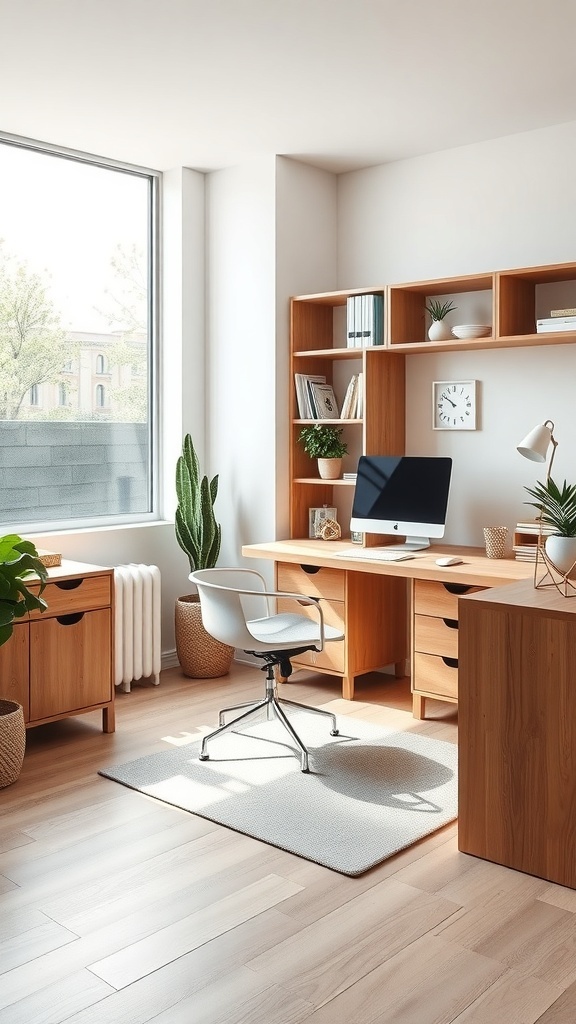 A modern home office featuring wood furniture and white accents, with plants and a bright window.