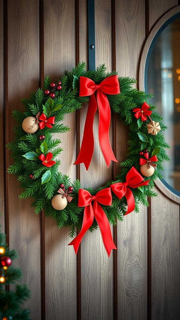 Vintage wreath with red bows hanging on a wooden wall.