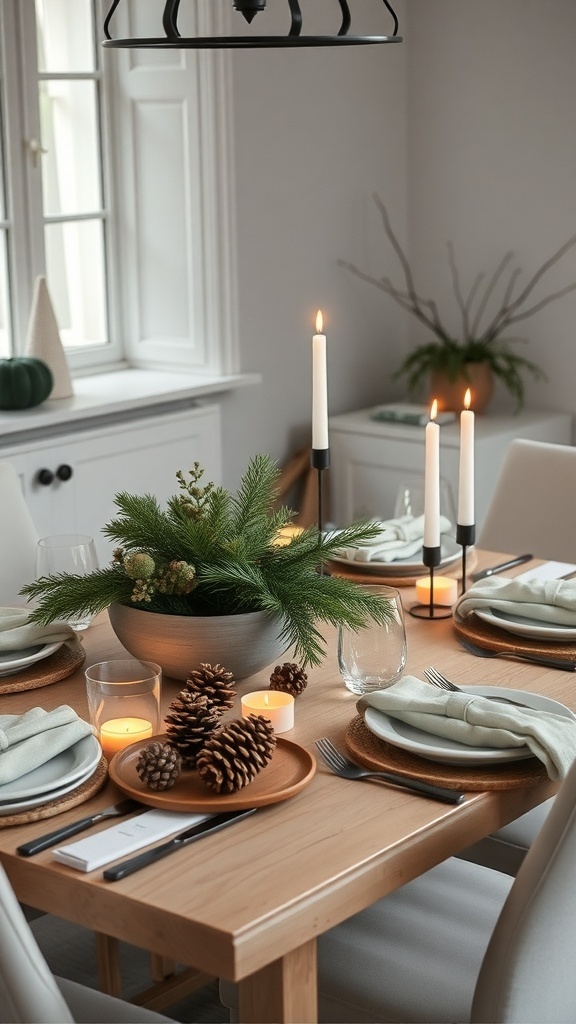 Simple Scandinavian Thanksgiving table with candles, greenery, and pinecones.