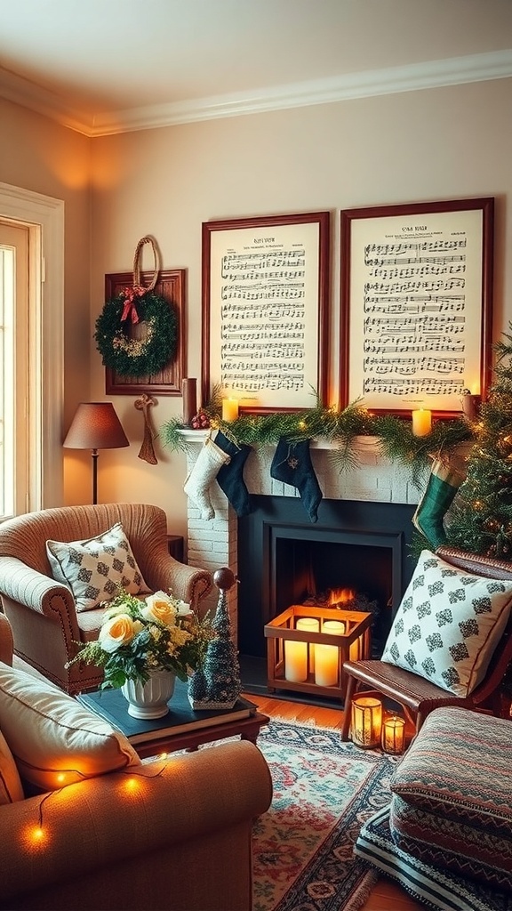 Cozy living room decorated with vintage sheet music and Christmas decor.