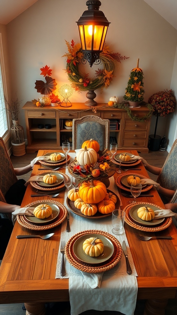 A casual family-style Thanksgiving table decorated with pumpkins, leaves, and warm lighting.