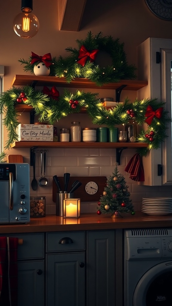 Garland-wrapped kitchen shelves decorated for Christmas with bows and lights.