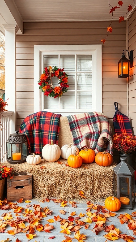 A cozy hay bale seating area decorated with pumpkins, blankets, and lanterns for fall.