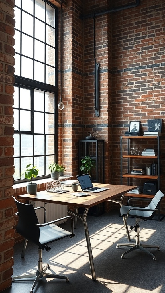 A stylish industrial home office setup featuring a wooden desk, modern chairs, and large windows.