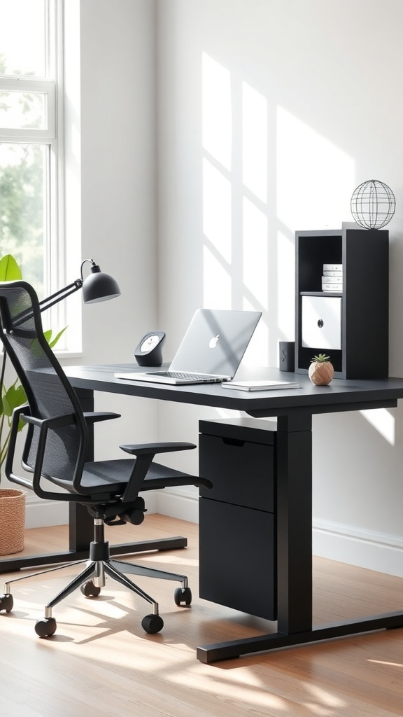 A modern matte black desk setup in a bright home office with a chair, lamp, and storage.