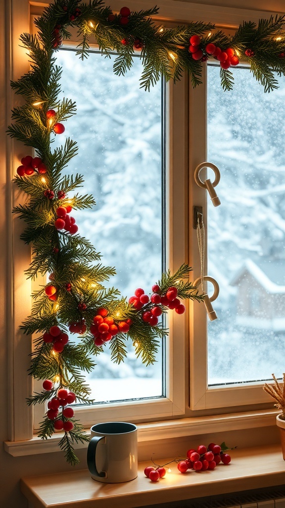 A cozy kitchen window decorated with a garland of greenery and red berries, with a mug on the windowsill.