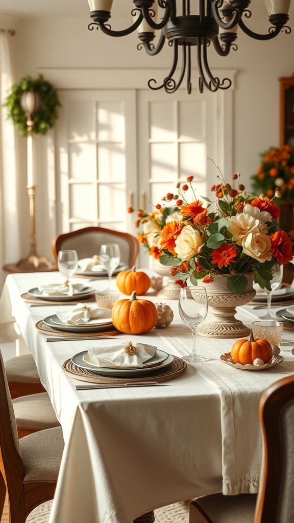 A beautifully set Thanksgiving table with neutral tones, linen textures, and autumn decorations.