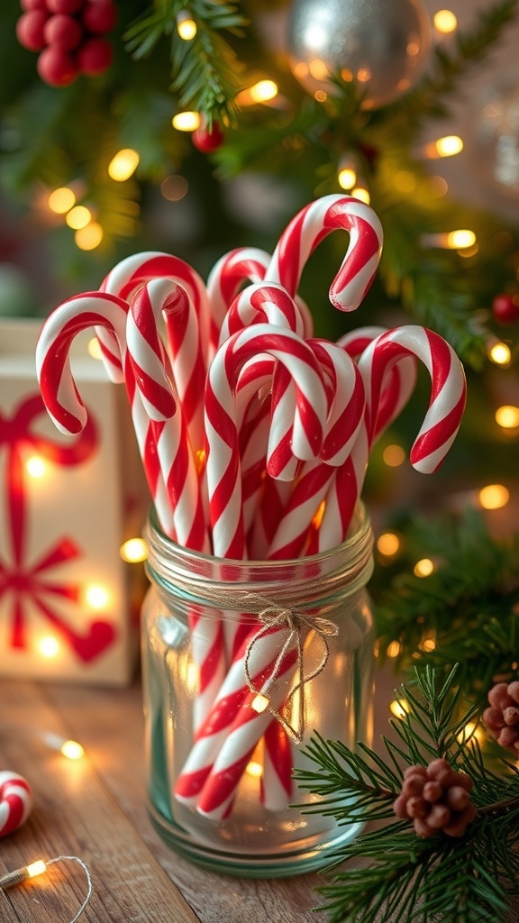A jar filled with classic glass candy canes surrounded by festive decorations.