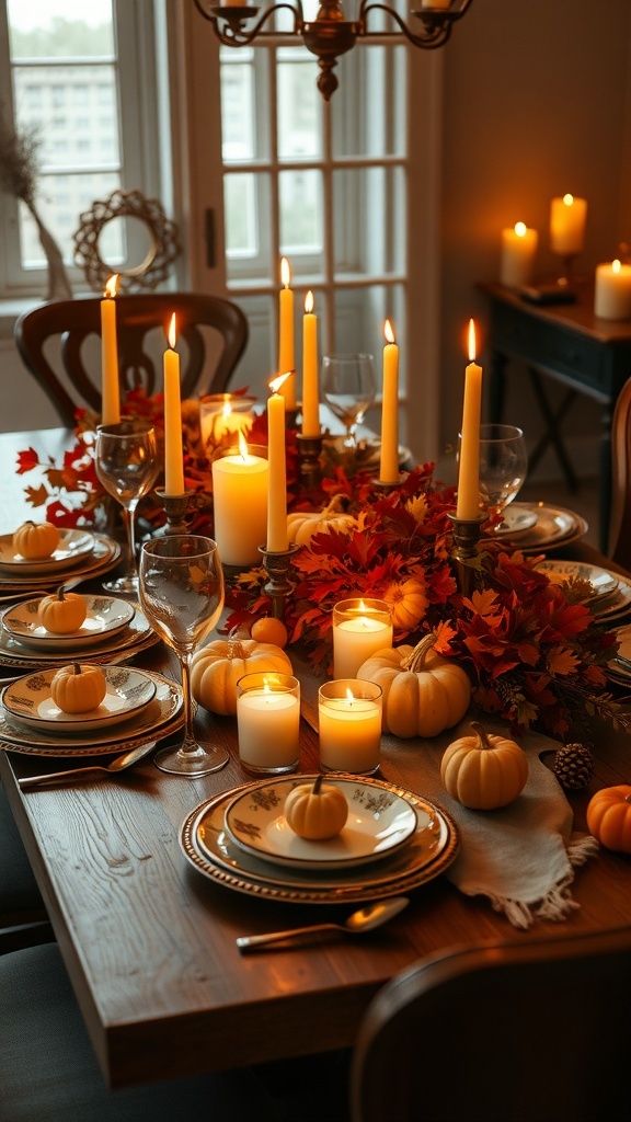 A beautifully set Thanksgiving table with candles, pumpkins, and autumn leaves.