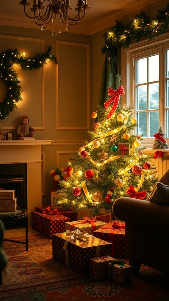 A cozy living room decorated for Christmas with a tree adorned with bubble lights and colorful ornaments.