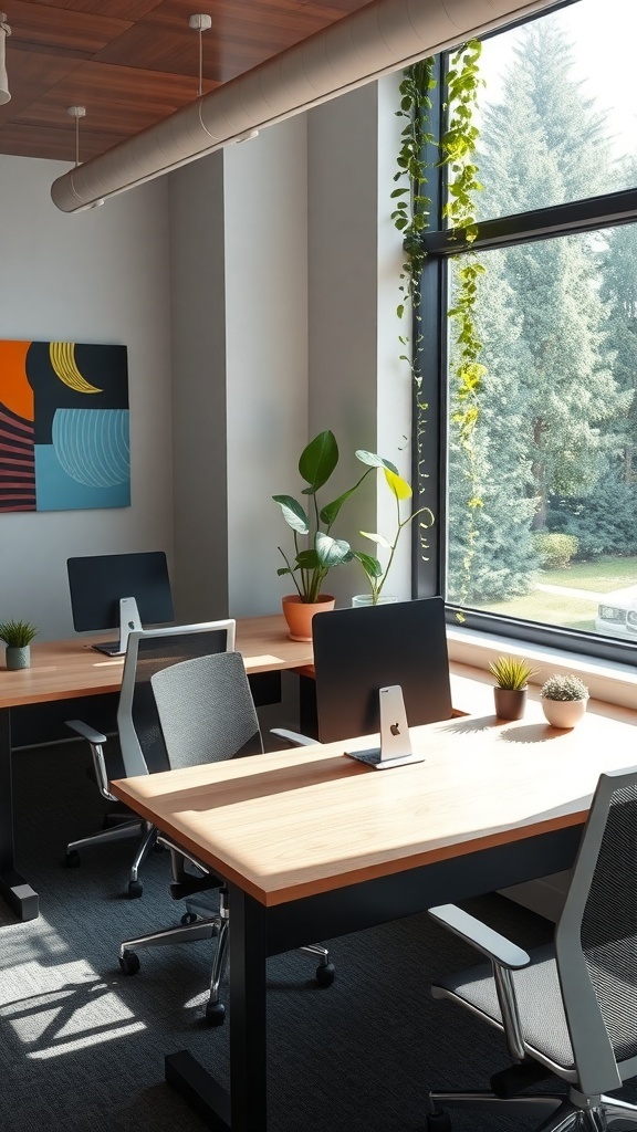 A modern shared workstation with wooden desks, computers, and plants.