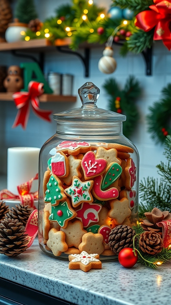 A glass cookie jar filled with decorated Christmas cookies, surrounded by holiday decor.