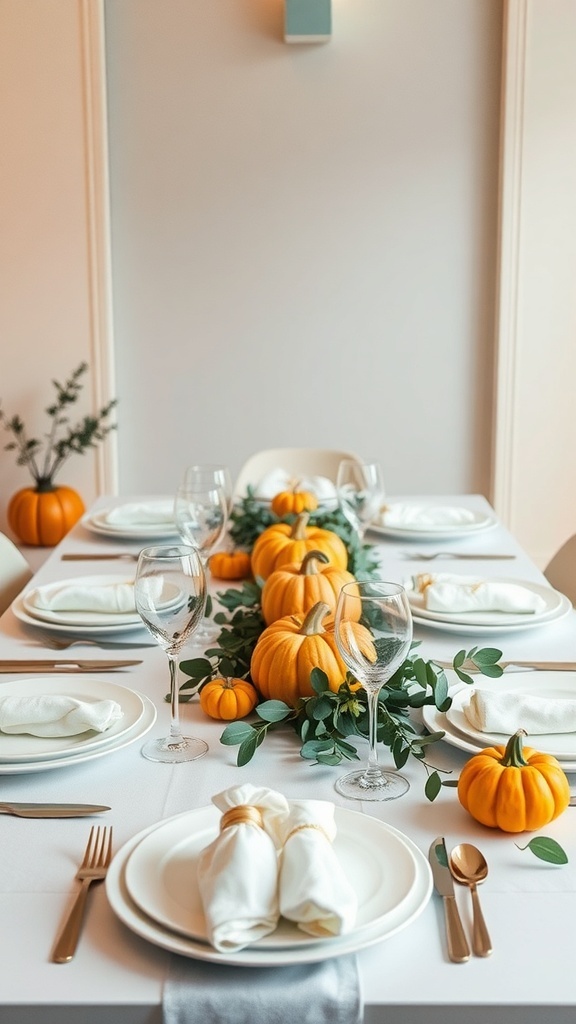 Modern minimalist Thanksgiving table with pumpkins and greenery.