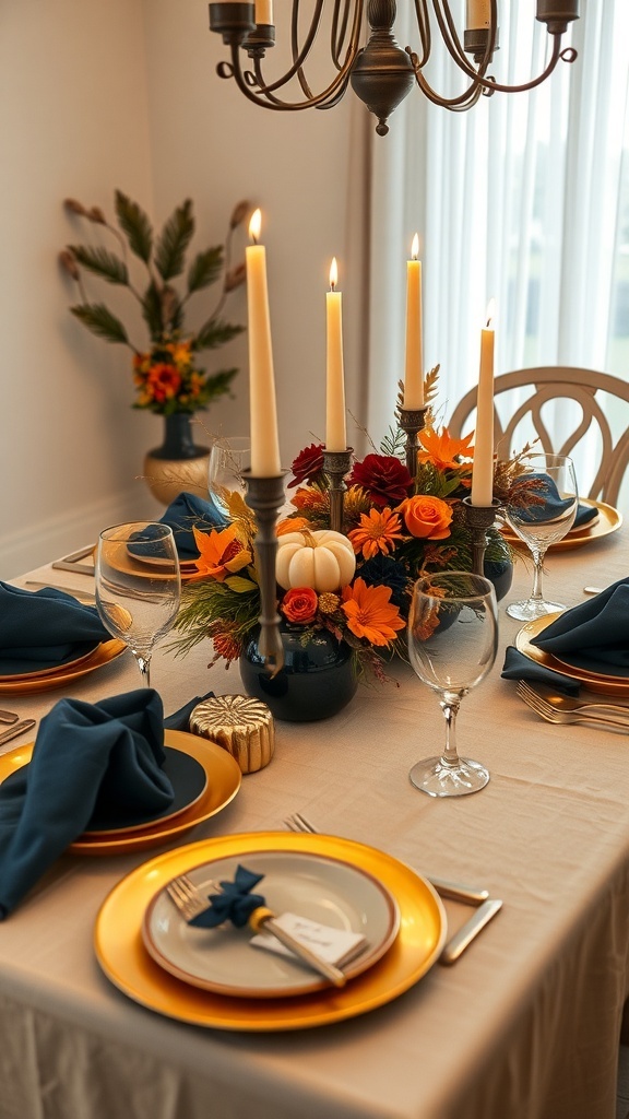 A beautifully set Thanksgiving table featuring navy and gold decor, with candles and floral arrangements.