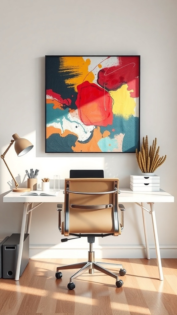A contemporary home office setup featuring abstract wall art above a sleek desk.