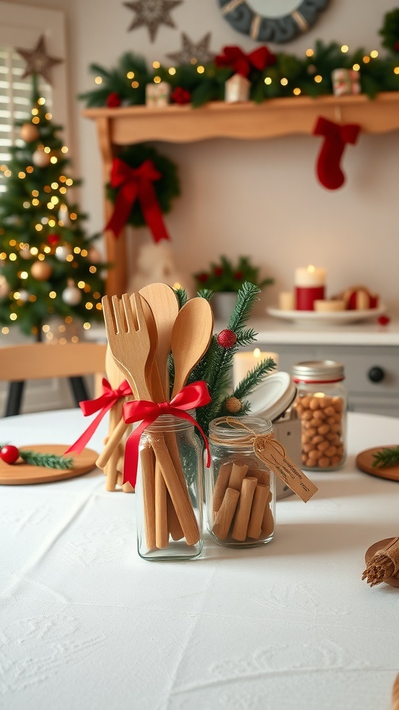 A cozy Christmas kitchen with ribbon-tied utensils and jars filled with holiday treats.