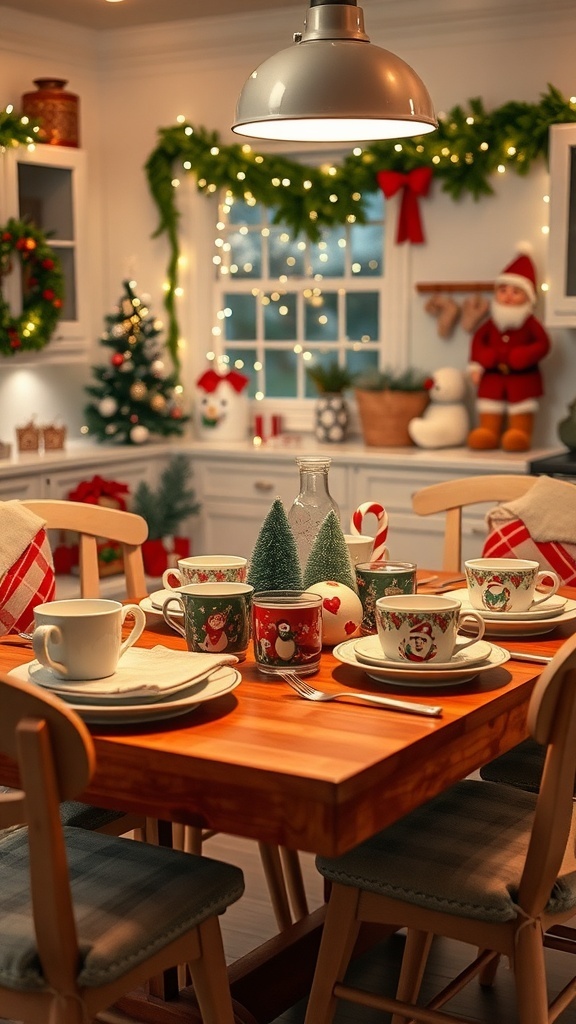 A cozy Christmas kitchen with festive dishware and mugs on a wooden table.