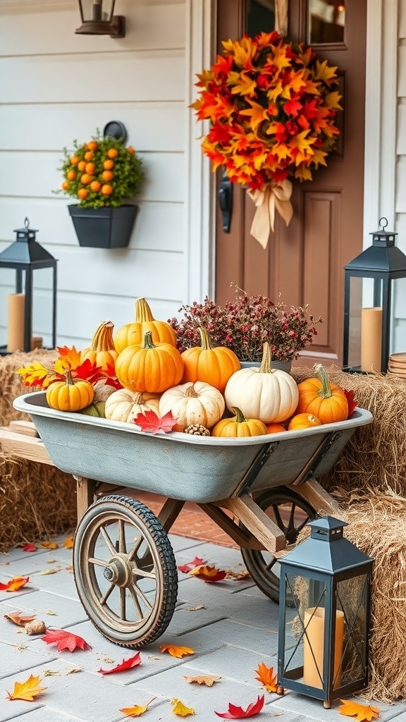 A rustic wagon filled with pumpkins and autumn decor on a front porch.