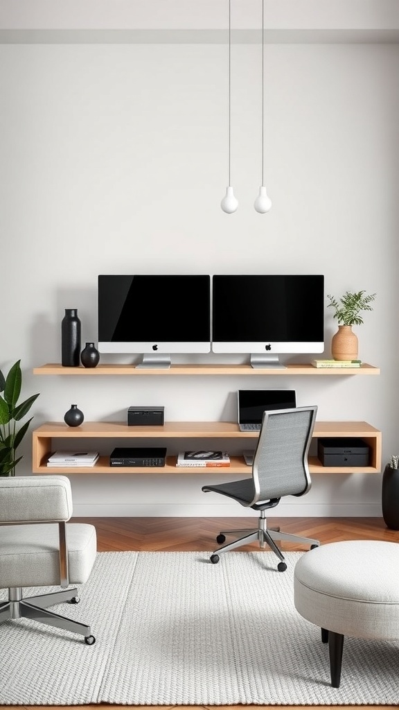 A modern home office featuring a dual-monitor setup on floating shelves, with sleek furniture and plants.
