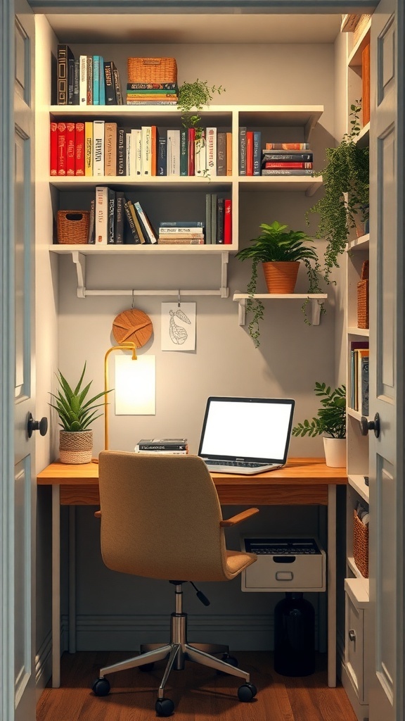 A cozy closet office setup with a desk, laptop, plants, and bookshelves.