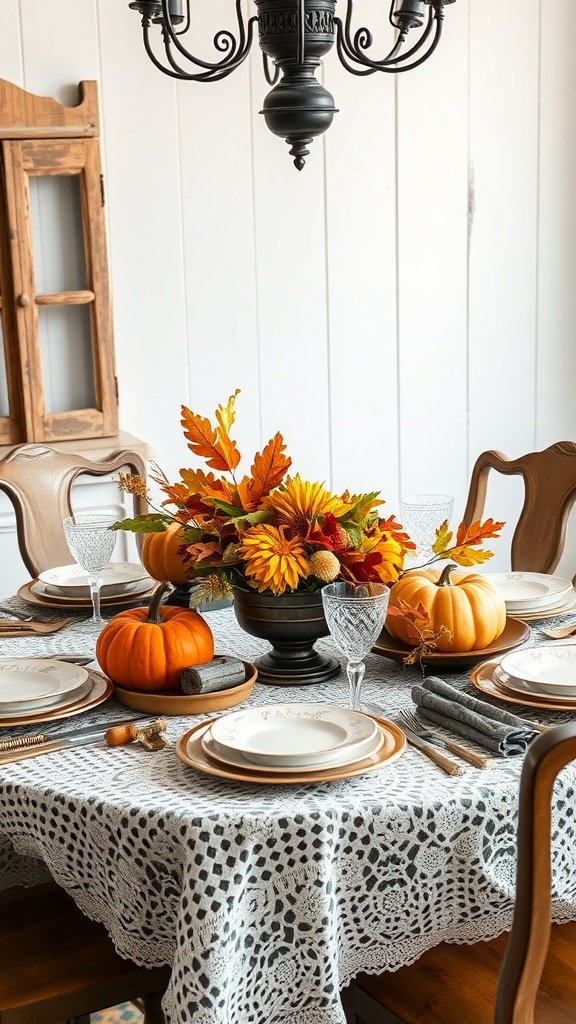 Vintage-inspired Thanksgiving table setting with pumpkins and lace tablecloth.