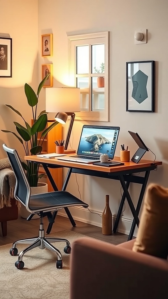 A cozy home office setup with a desk, computer, and plants.