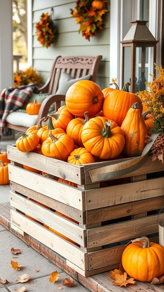 Wooden crate filled with pumpkins on a front porch