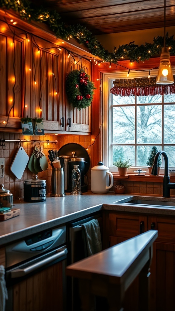 Cozy kitchen decorated with twinkling string lights and festive decor for Christmas.