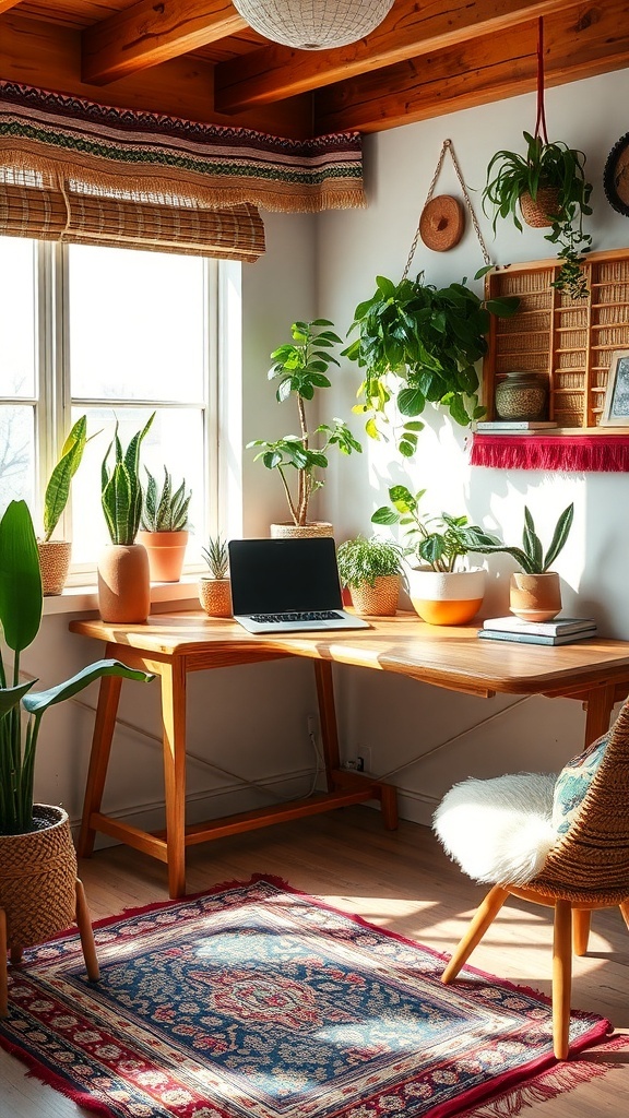 A cozy boho-inspired home office with plants and natural light.