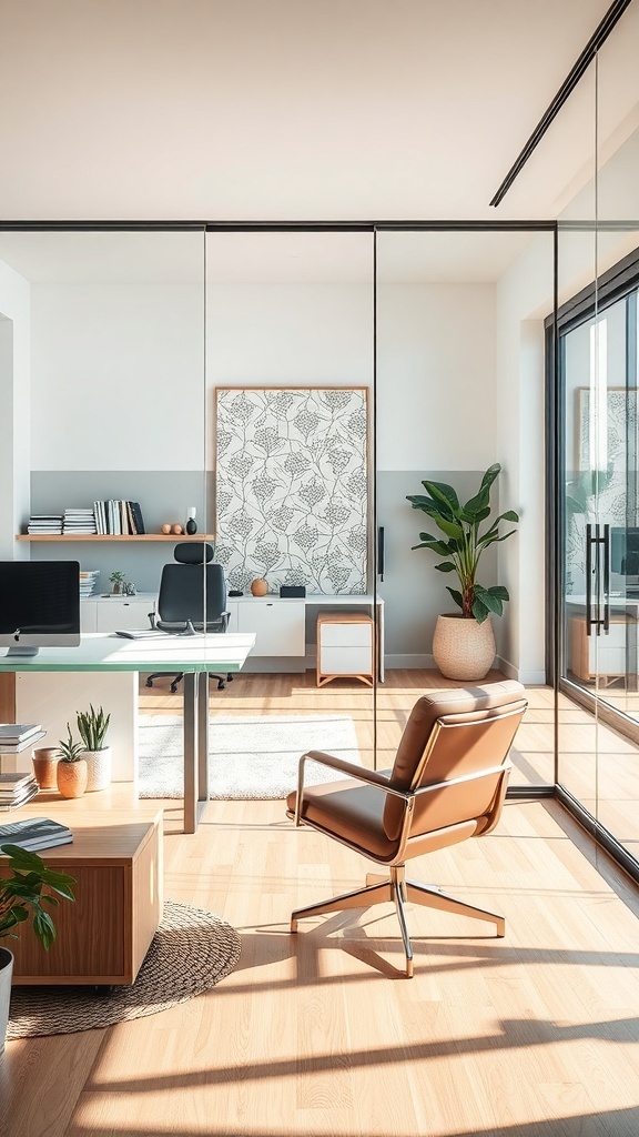 A modern home office with frameless glass partitions, sleek furniture, and contemporary decor.