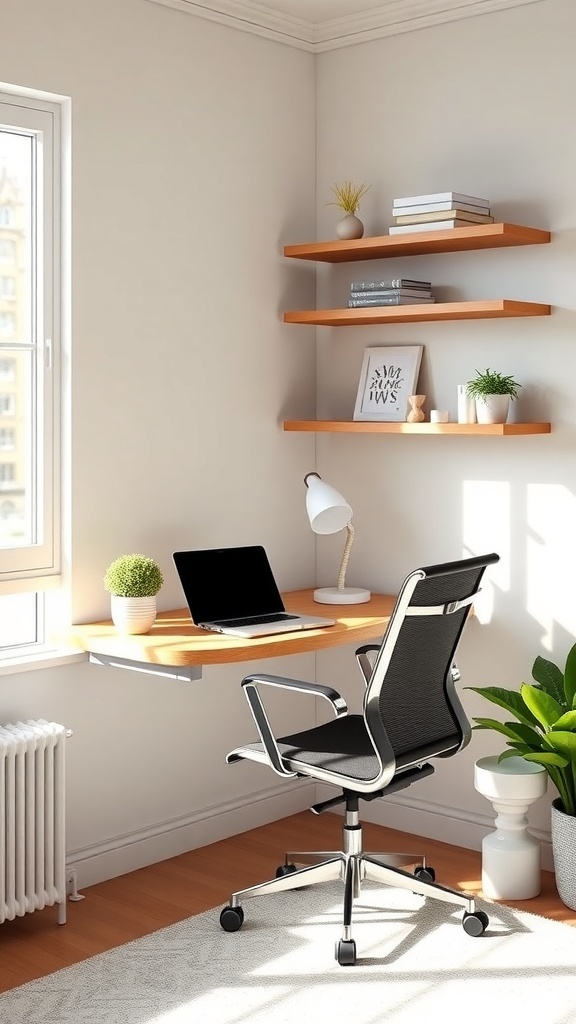 A compact floating desk setup with a laptop, lamp, and plants in a bright room.