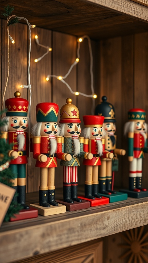A collection of colorful wooden nutcracker figures displayed on a shelf.
