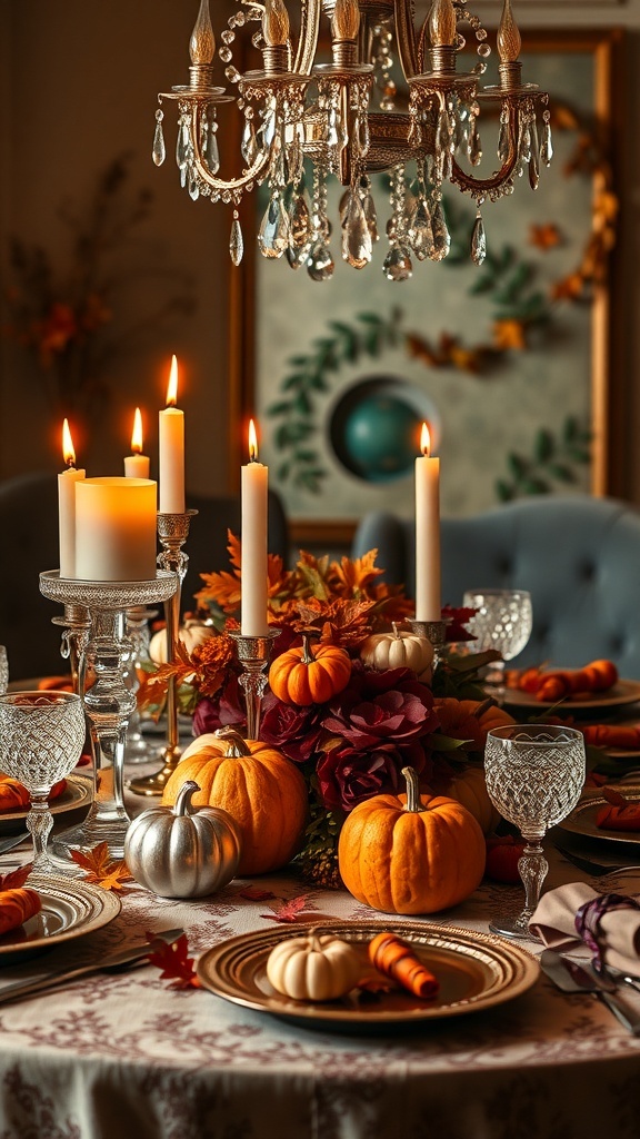 Glam Thanksgiving table with crystal accents, pumpkins, and candles.