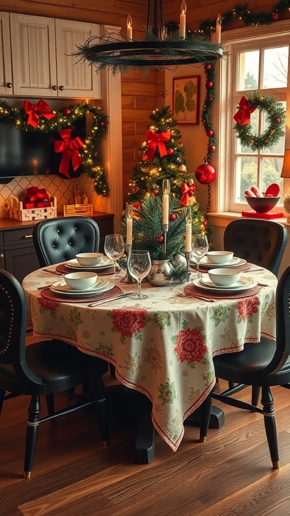 A beautifully set holiday table with vintage-inspired table linens, featuring a floral tablecloth and elegant dinnerware.