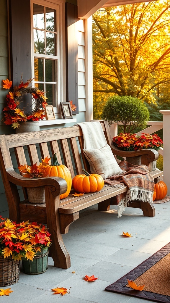 A rustic wooden bench decorated with pumpkins, a blanket, and autumn leaves on a front porch.