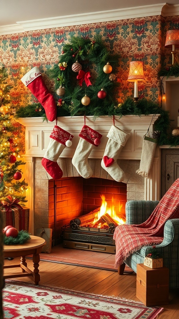 A cozy fireplace decorated with old-fashioned Christmas stockings and a Christmas tree.
