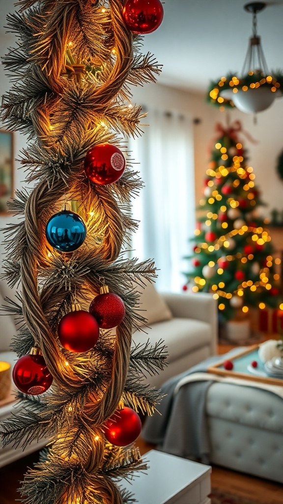 A beautifully decorated tinsel garland with red and blue ornaments, enhancing a cozy living room with a Christmas tree in the background.