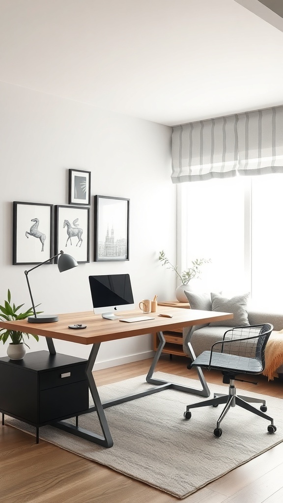 A modern home office featuring a wooden desk, stylish chair, and mixed materials for a productive workspace.