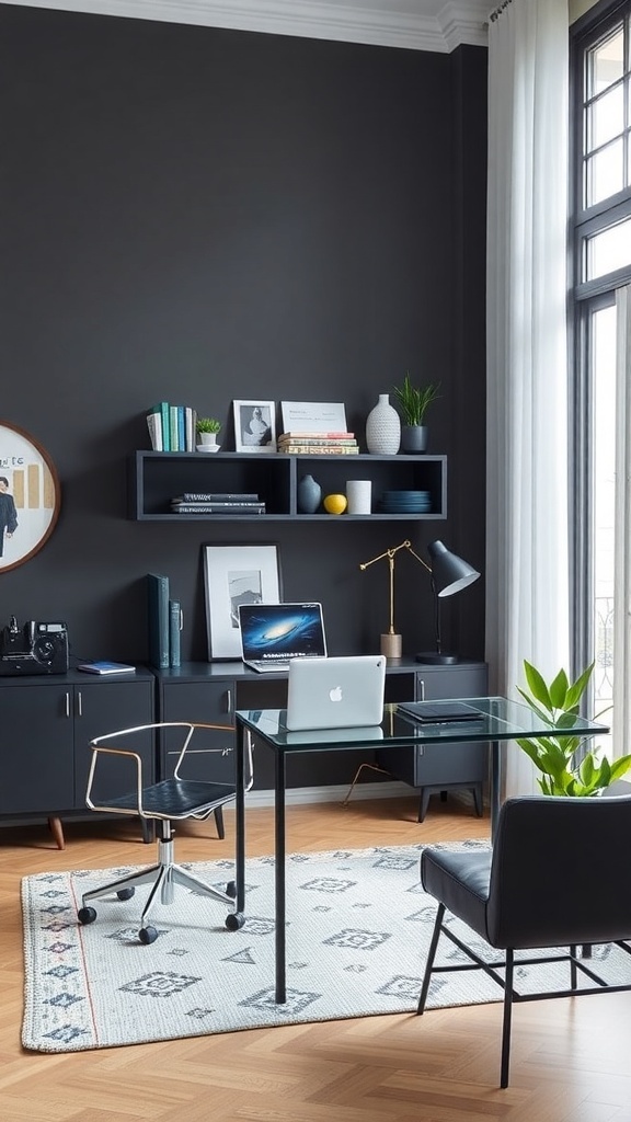 A contemporary home office featuring a charcoal accent wall, sleek desk, and stylish chair.