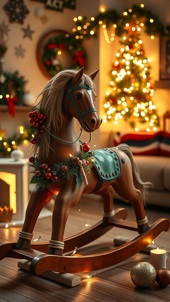 A vintage wooden rocking horse decorated for Christmas with garlands and ornaments.