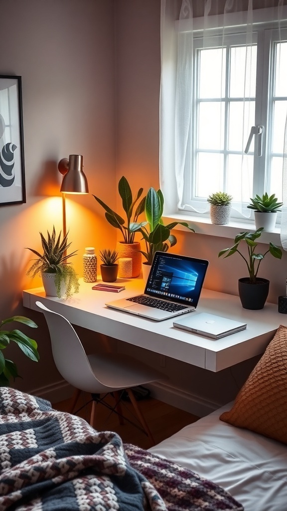 Cozy bedroom desk corner with a laptop, plants, and a comfortable chair.
