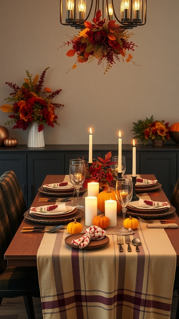Thanksgiving table decorated with plaid accents, candles, and pumpkins.