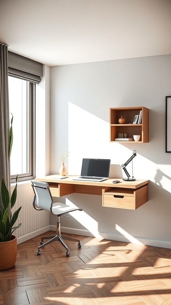 A minimalist home office featuring a floating desk with hidden storage, a chair, and a plant.
