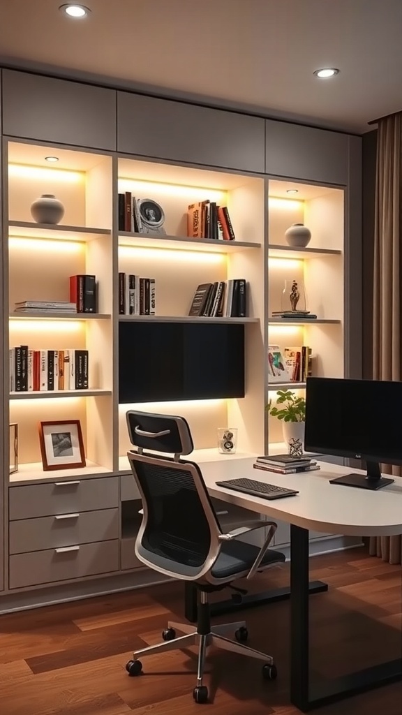 A modern home office featuring built-in shelving with LED lighting, sleek furniture, and a computer setup.