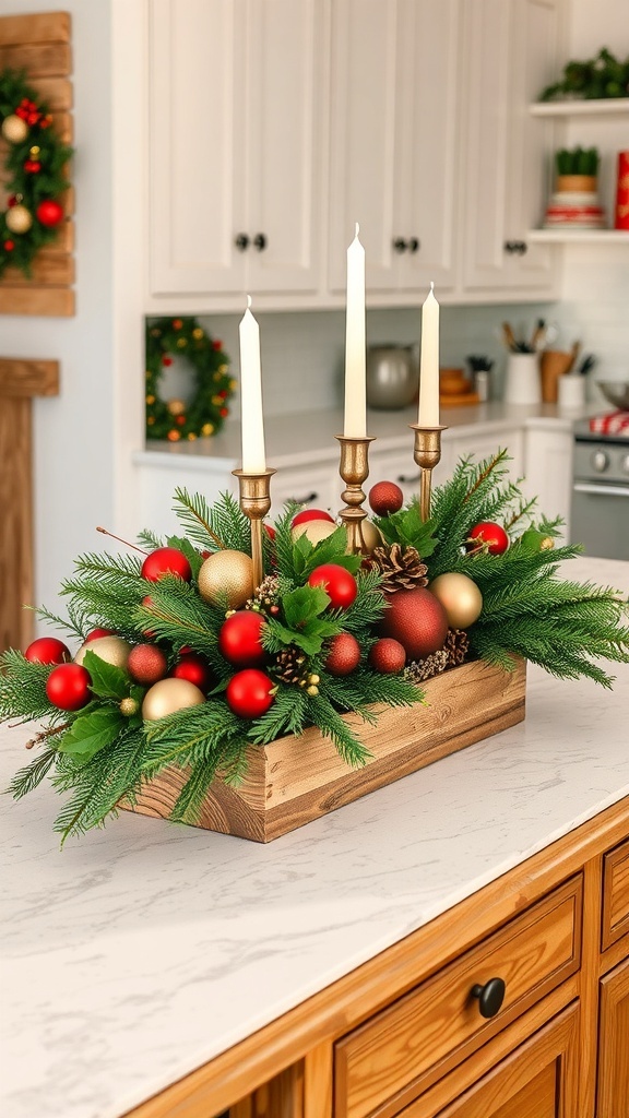 Christmas centerpiece with candles and ornaments on a kitchen island