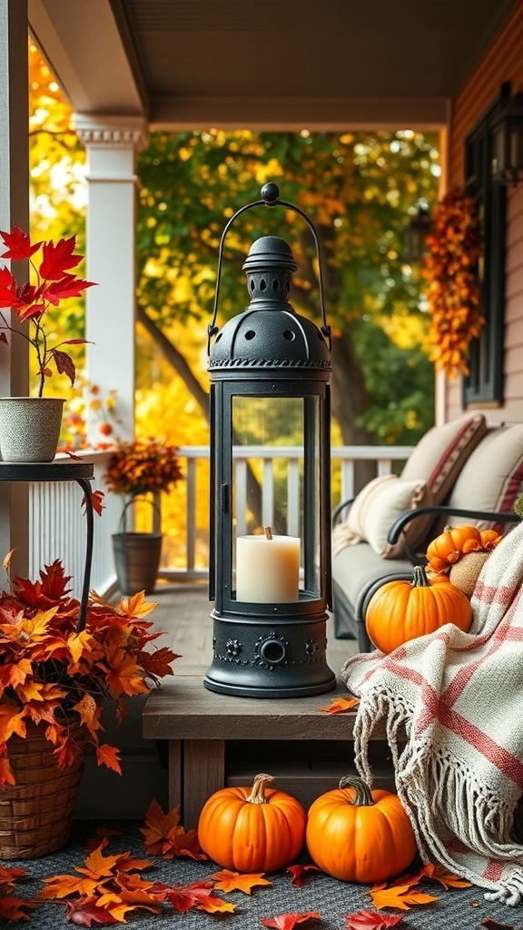 A vintage lantern on a porch surrounded by pumpkins and autumn leaves.