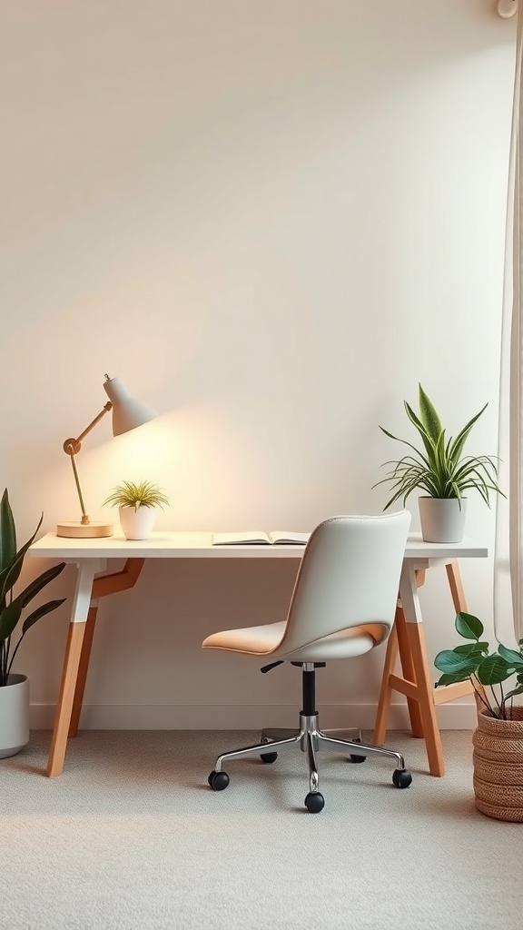 A minimalist home office featuring a light desk, ergonomic chair, and plants.