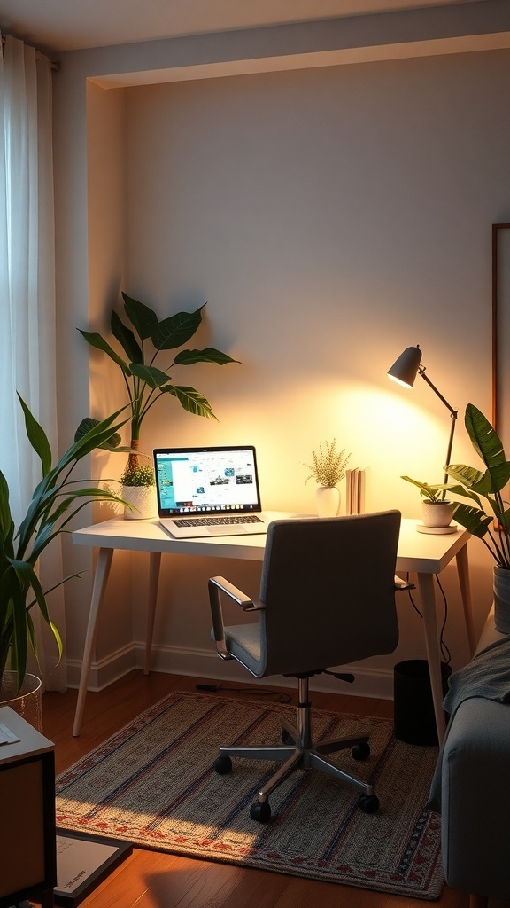 A cozy living room workspace with a desk, laptop, and plants.
