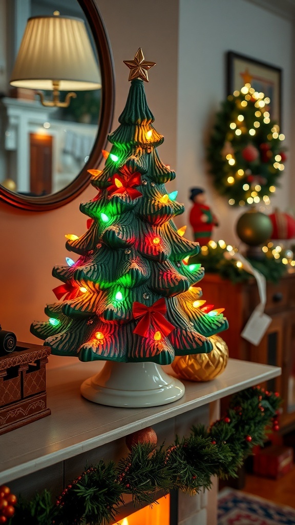 A vintage ceramic Christmas tree with colorful lights, placed on a mantel, surrounded by festive decorations.