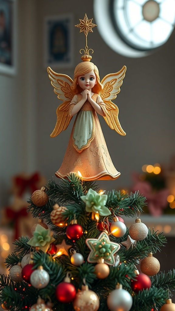 A vintage angel tree topper with golden wings and a star, sitting atop a decorated Christmas tree.
